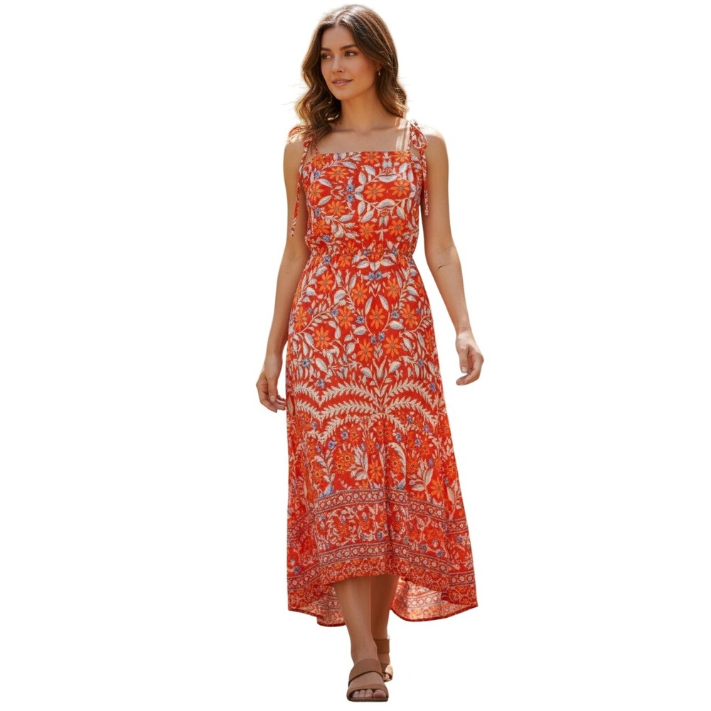 ACOWISH Red Floral Boho Midi Dress High Low Smocked Tie Strapβ Cotton M NWOT
